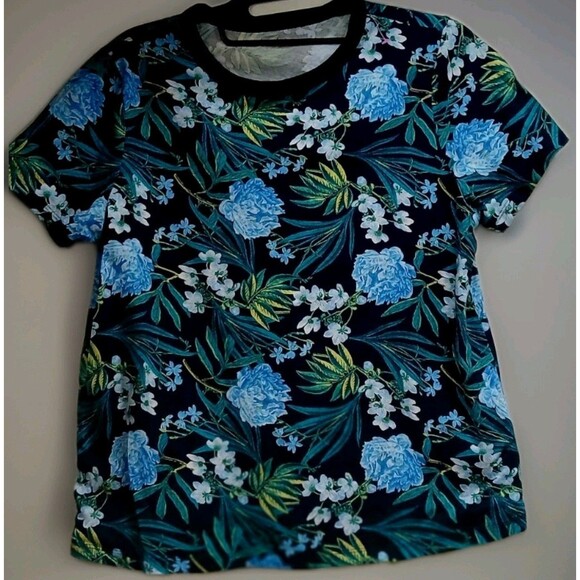 Old Navy Women’s Small Blue Floral Tropical Hawaiian Print Cotton Tee EUC - Picture 1 of 6